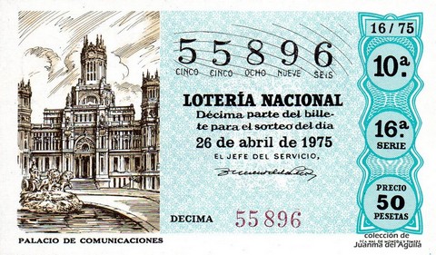Décimo de Lotería Nacional de 1975 Sorteo 16 - PALACIO DE COMUNICACIONES