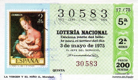 Décimo de Lotería Nacional de 1975 Sorteo 17 - LA VIRGEN Y EL NIÑO (L. Morales)