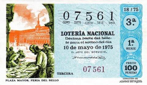 Décimo de Lotería Nacional de 1975 Sorteo 18 - PLAZA MAYOR. FERIA DEL SELLO