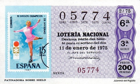Décimo de Lotería Nacional de 1975 Sorteo 2 - PATINADORA SOBRE HIELO