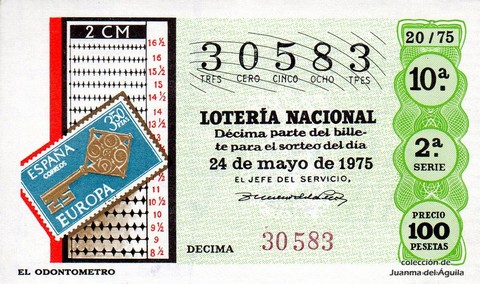 Décimo de Lotería Nacional de 1975 Sorteo 20 - EL ODONTOMETRO