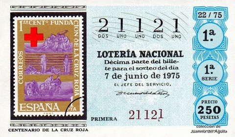 Décimo de Lotería Nacional de 1975 Sorteo 22 - CENTENARIO DE LA CRUZ ROJA