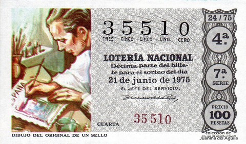 Décimo de Lotería Nacional de 1975 Sorteo 24 - DIBUJO DEL ORIGINAL DE UN SELLO