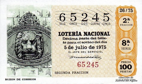 Décimo de Lotería Nacional de 1975 Sorteo 26 - BUZON DE CORREOS