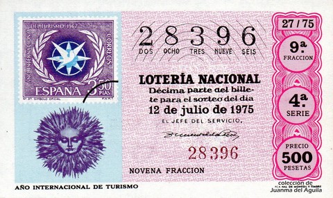 Décimo de Lotería Nacional de 1975 Sorteo 27 - AÑO INTERNACIONAL DE TURISMO