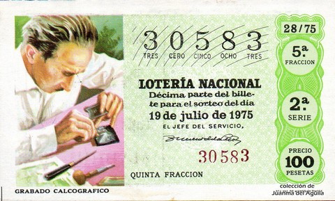 Décimo de Lotería Nacional de 1975 Sorteo 28 - GRABADO CALCOGRAFICO
