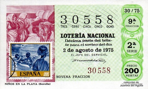 Décimo de Lotería Nacional de 1975 Sorteo 30 - NIÑOS EN LA PLAYA (Sorolla)