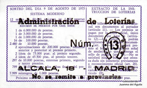 Reverso del décimo de Lotería Nacional de 1975 Sorteo 31