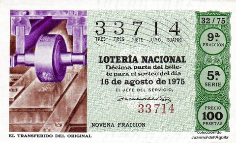 Décimo de Lotería Nacional de 1975 Sorteo 32 - EL TRANSFERIDO DEL ORIGINAL