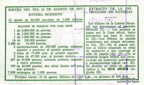 Reverso décimo de Lotería 1975 / 32