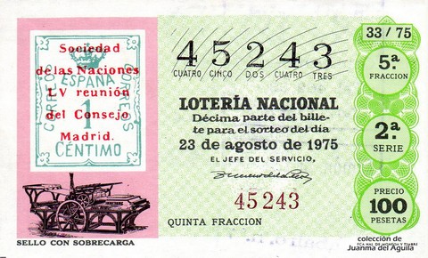 Décimo de Lotería Nacional de 1975 Sorteo 33 - SELLO CON SOBRECARGA