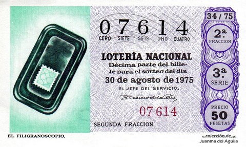 Décimo de Lotería Nacional de 1975 Sorteo 34 - EL FILIGRANOSCOPIO