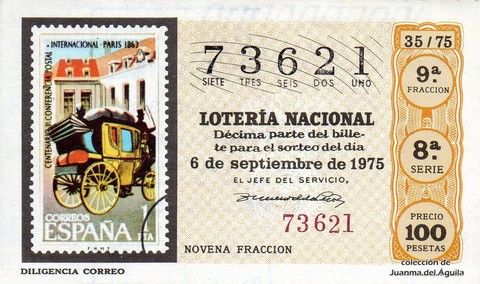 Décimo de Lotería Nacional de 1975 Sorteo 35 - DILIGENCIA CORREO