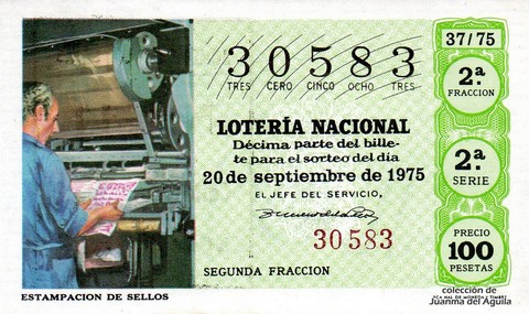 Décimo de Lotería Nacional de 1975 Sorteo 37 - ESTAMPACION DE SELLOS