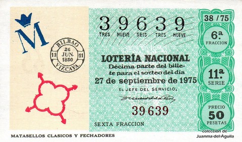 Décimo de Lotería Nacional de 1975 Sorteo 38 - MATASELLOS CLASICOS Y FECHADORES