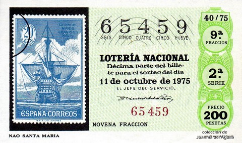 Décimo de Lotería Nacional de 1975 Sorteo 40 - NAO SANTA MARIA