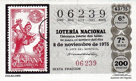 Décimo de Lotería Nacional de 1975 Sorteo 43 - FOLKLORE