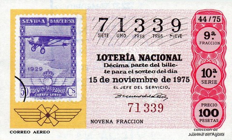 Décimo de Lotería Nacional de 1975 Sorteo 44 - CORREO AEREO