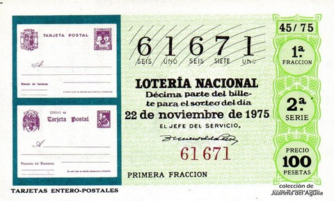 Décimo de Lotería Nacional de 1975 Sorteo 45 - TARJETAS ENTERO-POSTALES