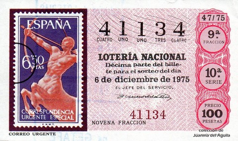 Décimo de Lotería Nacional de 1975 Sorteo 47 - CORREO URGENTE