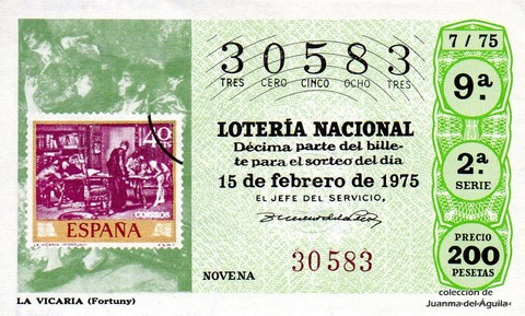 Décimo de Lotería Nacional de 1975 Sorteo 7 - LA VICARIA (Fortuny)