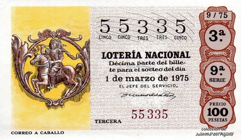 Décimo de Lotería Nacional de 1975 Sorteo 9 - CORREO A CABALLO