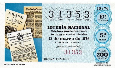 Décimo de Lotería Nacional de 1976 Sorteo 10 - PRIMEROS DIARIOS
