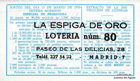 Reverso décimo de Lotería 1976 / 10