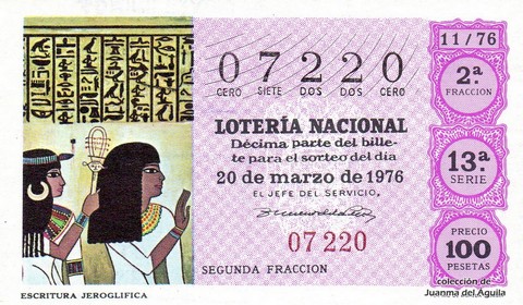 Décimo de Lotería Nacional de 1976 Sorteo 11 - ESCRITURA JEROGLIFICA