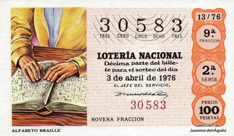 Décimo de Lotería Nacional de 1976 Sorteo 13 - ALFABETO BRAILLE