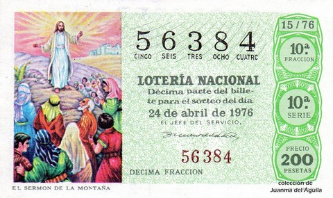 Décimo de Lotería Nacional de 1976 Sorteo 15 - EL SERMON DE LA MONTAÑA