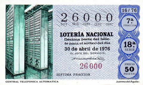 Décimo de Lotería Nacional de 1976 Sorteo 16 - CENTRAL TELEFONICA AUTOMATICA