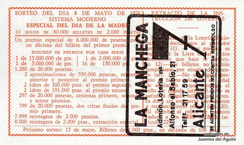 Reverso décimo de Lotería 1976 / 17