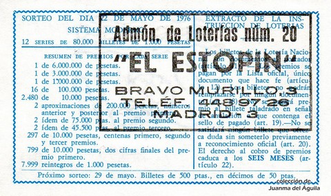 Reverso décimo de Lotería 1976 / 19