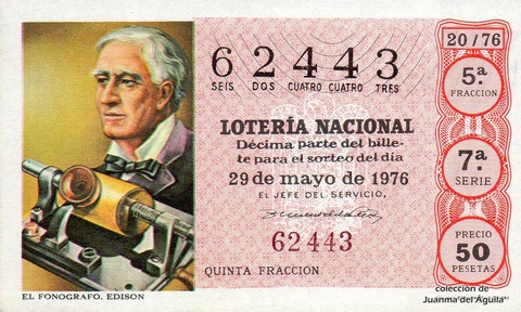 Décimo de Lotería Nacional de 1976 Sorteo 20 - EL FONOGRAFO. EDISON
