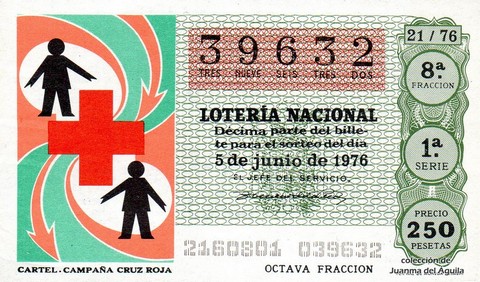 Décimo de Lotería Nacional de 1976 Sorteo 21 - CARTEL. CAMPAÑA CRUZ ROJA