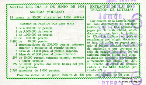 Reverso décimo de Lotería 1976 / 23