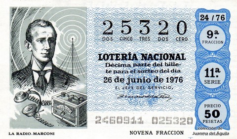 Décimo de Lotería Nacional de 1976 Sorteo 24 - LA RADIO. MARCONI