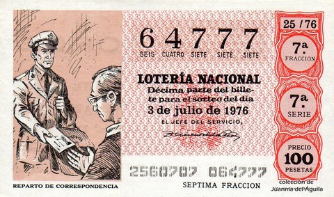 Décimo de Lotería Nacional de 1976 Sorteo 25 - REPARTO DE CORRESPONDENCIA