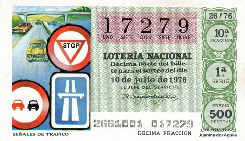 Décimo de Lotería Nacional de 1976 Sorteo 26 - SEÑALES DE TRAFICO