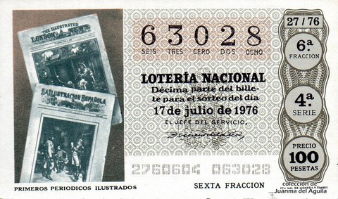 Décimo de Lotería Nacional de 1976 Sorteo 27 - PRIMEROS PERIODICOS ILUSTRADOS
