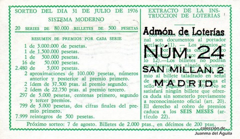 Reverso décimo de Lotería 1976 / 29
