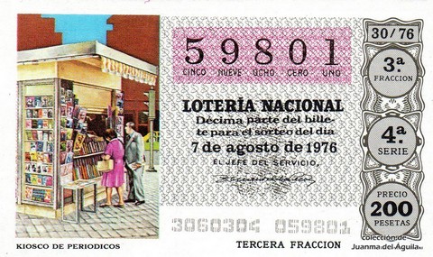 Décimo de Lotería Nacional de 1976 Sorteo 30 - KIOSCO DE PERIODICOS
