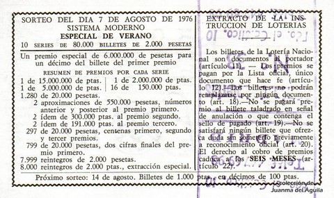 Reverso décimo de Lotería 1976 / 30