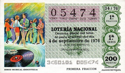 Décimo de Lotería Nacional de 1976 Sorteo 34 - DISCO MUSICAL (DISCOTECA)