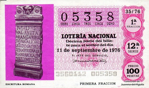 Décimo de Lotería Nacional de 1976 Sorteo 35 - ESCRITURA ROMANA