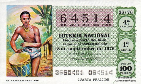 Décimo de Lotería Nacional de 1976 Sorteo 36 - EL TAM-TAM AFRICANO