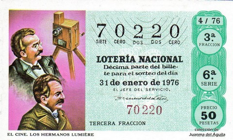 Décimo de Lotería Nacional de 1976 Sorteo 4 - EL CINE. LOS HERMANOS LUMIÈRE