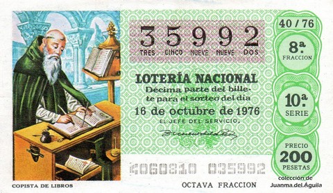 Décimo de Lotería Nacional de 1976 Sorteo 40 - COPISTA DE LIBROS