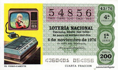 Décimo de Lotería Nacional de 1976 Sorteo 43 - EL VIDEO-CASETTE